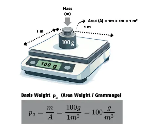 A graphical explanation of how to calculate the basis weight (grammage) in g/m² using a 1 m² sample of material weighing 100 g.